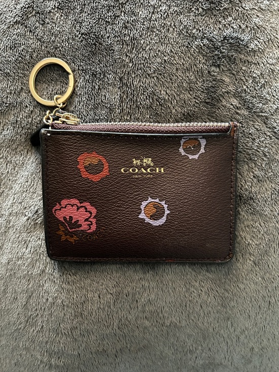Coach Accessories - Coach Brown Floral Leather Card Pouch with Gold Key Ring